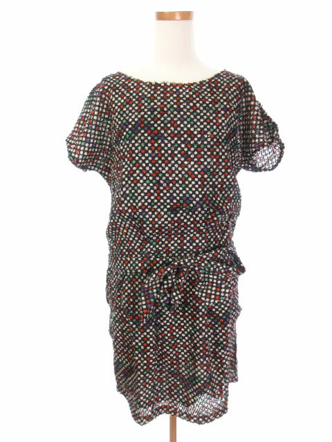 【中古】オペークドットクリップ OPAQUE.CLIP ワンピース ブラウジング ひざ丈 ドット リボン 半袖 L 紺 ネイビー /ah レディース 【ベクトル 古着】 180328 ブランド古着ベクトルプレミアム店