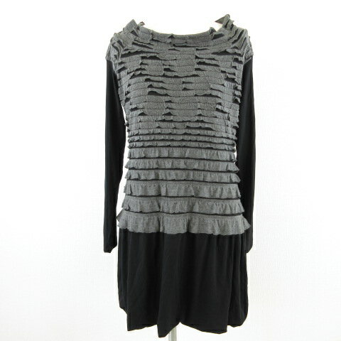 【中古】Lungidame ワンピース ミニ 長袖 総柄 ストレッチ 黒 グレー M *T619 レディース 【ベクトル 古着】 220719