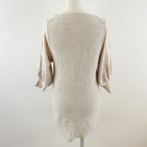 【中古】メイソングレイ MAYSON GREY ニット セーター チュニック 七分袖 スパンコール 異素材 グレージュ 2 *E574 レディース 【ベクトル 古着】 230307
