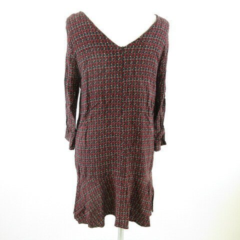 【中古】Best Mountain ワンピース 七分袖 ミニ 総柄 黒 赤 S *T508 レディース 【ベクトル 古着】 230323