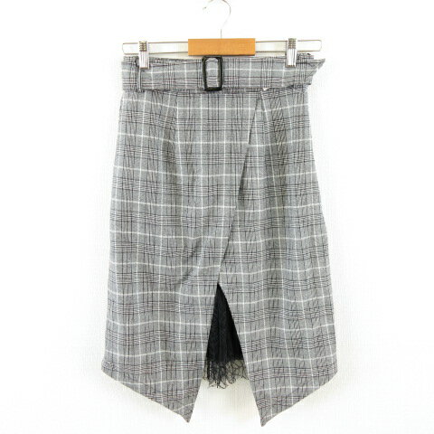 【中古】未使用品 パンプキン Pumpkin スカート タイト ひざ丈 レース グレンチェック 黒 白 M *A847 ..