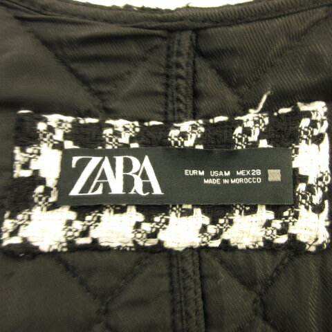 【中古】ザラ ZARA ノーカラーコート ハーフ丈 長袖 千鳥格子 黒 白 M *T331 レディース 【ベクトル 古着】 231113