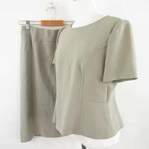 【中古】レリアン Leilian スカートスーツ セットアップ ノーカラー 半袖 ひざ丈 カーキ 9 *A431 レディース 【ベクトル 古着】 240607