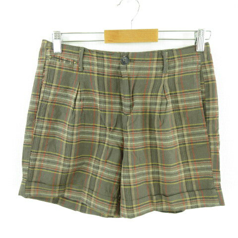 【中古】マンゴ MANGO ショートパンツ チェック リネン混 茶 赤 38 *T652 レディース 【ベクトル 古着】 240607