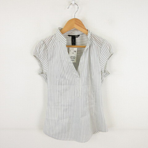 【中古】未使用品 エイチ&エム H&M カットソー キャップスリーブ ストライプ ストレッチ グレー 白 32 *A391 レディース 【ベクトル 古着】 240913