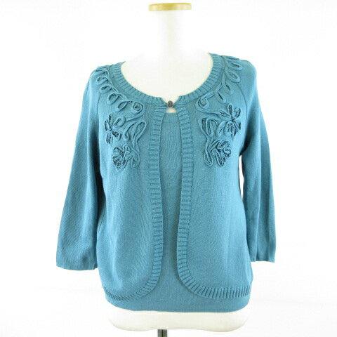 【中古】レリアン Leilian アンサンブルニット キャミソール カーディガン 七分袖 ビーズ 青 9 *T736 ..