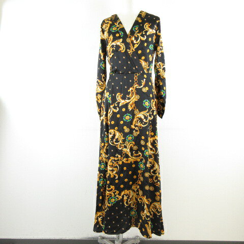 【中古】QPZM カシュクール ワンピース ロング 長袖 総柄 黒 黄 *A665 レディース 【ベクトル 古着】 260429