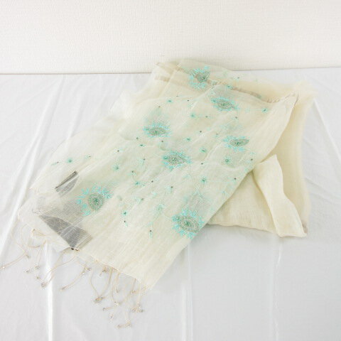 未使用品 REVE GARAGE by Kiyomi Taguchi ストール 大判 刺繍 シルク混 オフホワイト 青 *A830 レディース  260514