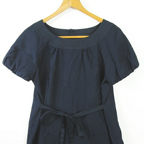 【中古】ビーニート BE NEAT ワンピース 膝下丈 半袖 パフスリーブ 綿 ネイビー 刺繍 kz7044 レディース 【ベクトル 古着】 240201