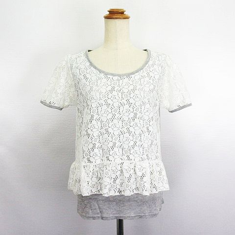 【中古】未使用品 ブリオッソ BRIOSO カットソー Tシャツ 半袖 ラウンドネック レース 切替 ホワイト×グレー ※EKM レディース 【ベクトル 古着】 231130