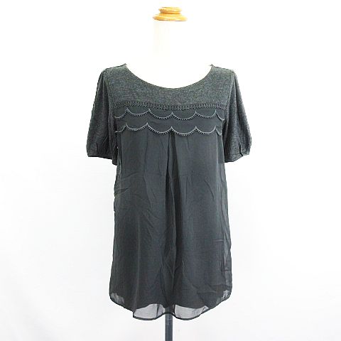 【中古】クレージュ courreges チュニック カットソー 半袖 ラウンドネック 異素材 シフォン レース 36 グレー ※EKM レディース 【ベクトル 古着】 240820