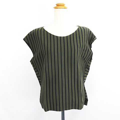 【中古】23区 オンワード樫山 ニット カットソー フレンチスリーブ ラウンドネック ストライプ ボーダー 40 オリーブ×ネイビー ※EKM レディース 【ベクトル 古着】 240829