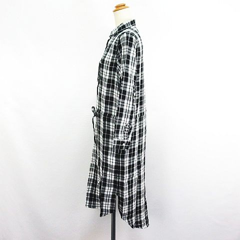 【中古】未使用品 ベルメゾン BELLE MAISON 千趣会 シャツワンピース チュニック 長袖 ロング丈 チェック ダブルガーゼ コットン M ブラック×ホワイト ※EKM レディース 【ベクトル 古着】 241102