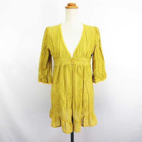 【中古】グローブ grove チュニック ワンピース 七分袖 Vネック 透かし模様 レース フリル M マスタード ※EKM レディース 【ベクトル 古着】 241121 【中古】グローブ grove チュニック ワンピース 七分袖 Vネック 透かし模様 レース フリル M マスタード ※EKM レディース 【ベクトル 古着】 241121
