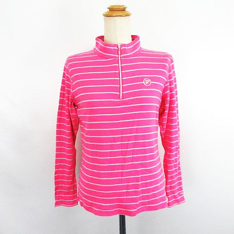 【中古】パラディーゾ PARADISO Tシャツ カットソー 長袖 ハイネック ハーフジップ ボーダー ロゴ コッ..