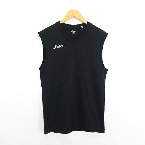 【中古】アシックス asics Tシャツ カットソー ノースリーブ Vネック ロゴ L ブラック スポーツウェア ..