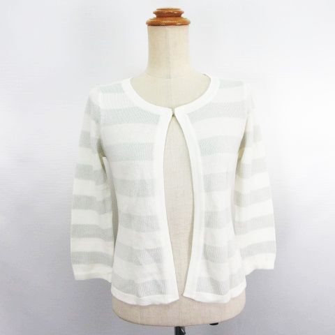 【中古】ロペ ROPE ニット カーディガン 七分袖 丸首 羽織り ボーダー ラメ M ホワイト×グレー ※EKM レディース 【ベクトル 古着】 250913