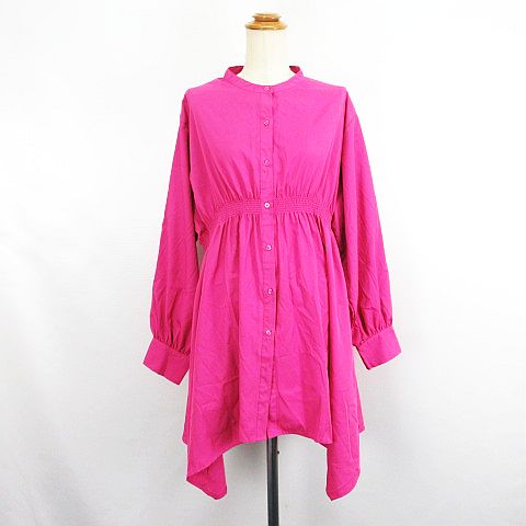 【中古】アズノウアズ ピンキー AS KNOW AS PINKY シャツワンピース チュニック 長袖 バンドカラー ひざ丈 裾アシンメトリー ストレッチ F ピンク ※EKM レディース 【ベクトル 古着】 251113