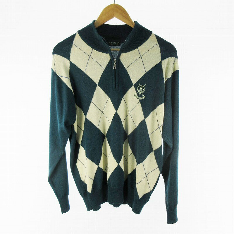 【中古】ST ANDREWS セントアンドリュース ニット セーター ハーフジップ アーガイル 刺繍 グリーン オフホワイト M ウール メンズ 【ベクトル 古...