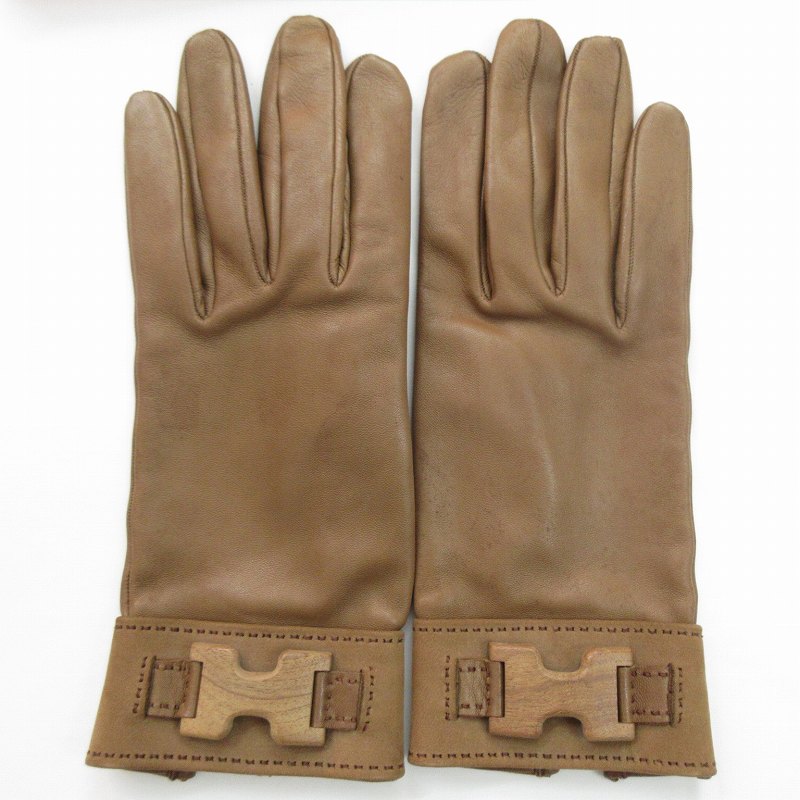 【中古】エルメス HERMES 7 1/2 手袋 グローブ Hロゴ ウッド ラム レザー 羊革 ブ...