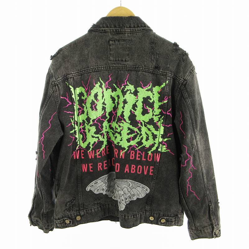 【中古】ザラ ZARA L デニムジャケット Gジャン グラフィック プリント ロゴ ダメージ加工 ブラック 黒 メンズ 【ベクトル 古着】 260721