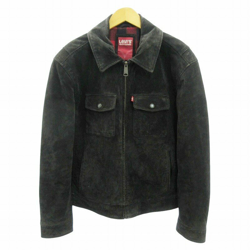 【中古】リーバイス Levi's スエード ジャケット 本革 レザー ジップアップ スイングトップ 裏地 バッファローチェック S 黒 ブラック ..