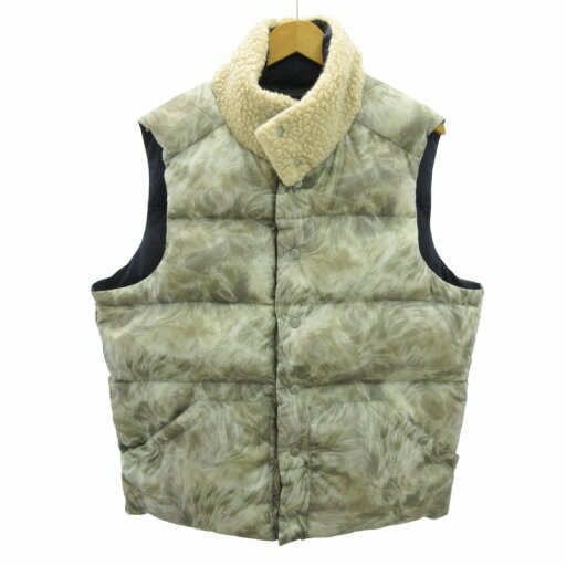 【中古】ニューズレス NYUZELESS ダウンベスト リバーシブル 総柄 衿 ボア 3 紺 ネイビー ベージュ 0715 ●ECO メンズ 【ベクトル 古着】 250715