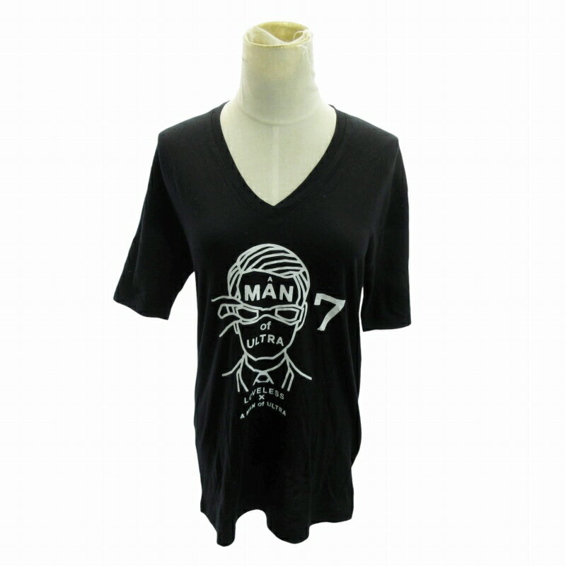 【中古】ラブレス LOVELESS × A MAN of ULTRA コラボ Tシャツ ロゴ プリント 切替 ボーダー 半袖 2 黒 ブラック グレー 0719 レディース 【ベクトル 古着】 250719