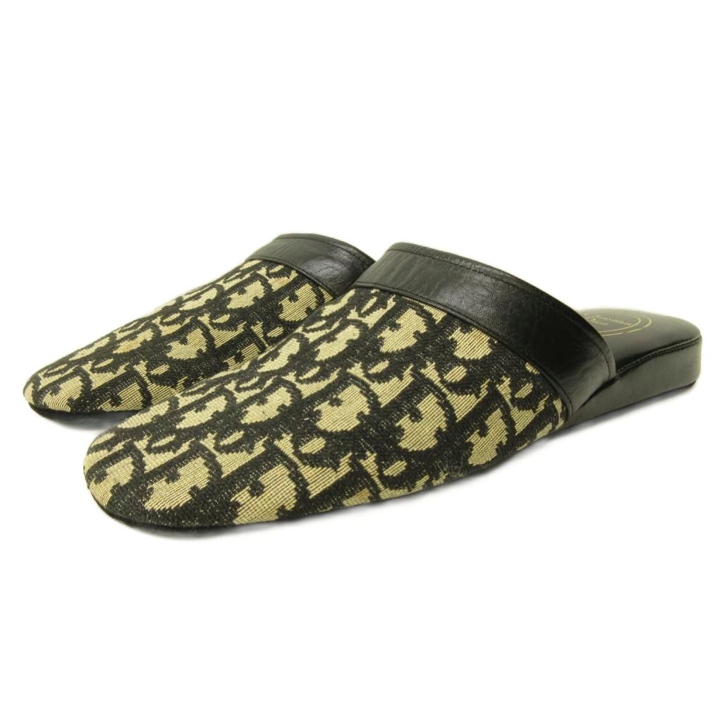 【中古】クリスチャンディオール Christian Dior サンダル ルームシューズ キャンバス 切替 レザー トロッター柄 ベージュ 黒 ブラック 0522 メンズ 【ベクトル 古着】 260522