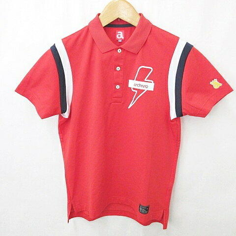 【中古】アルチビオ archivio ゴルフ ポロシャツ 半袖 ロゴ プリント 刺繍 赤 黒 白 レッド ブラック ホワイト 46 メンズ 【ベクトル 古着】 230623