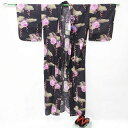 【中古】ユニクロ UNIQLO 浴衣 帯飾り 下駄 3点セット 花柄 綿 コットン 濃紺 ピンク パープル グリーン 黒 フリーサイズ レディース 【ベクトル 古着】 240725