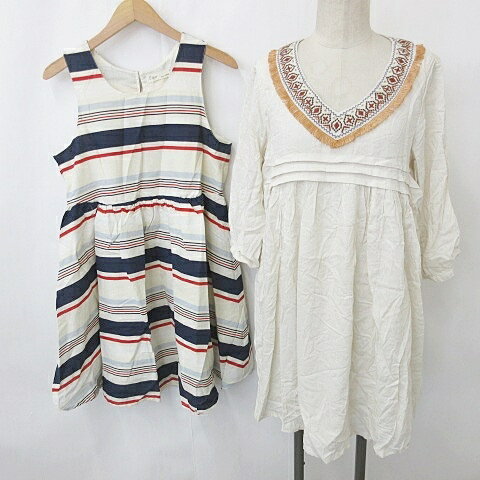 【中古】未使用品 セポ CEPO ワンピース 2枚セット 膝丈 七分袖 Vネック テープ フリンジ プルオーバー ノースリーブ ボーダー ベージュ 紺 赤 ネイ...