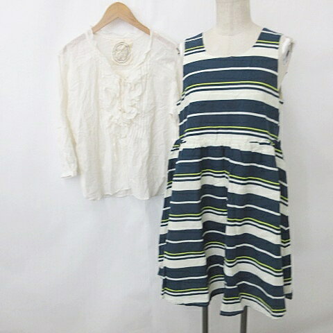 【中古】未使用品 セポ CEPO ワンピース ブラウス 2枚セット ノースリーブ 膝丈 ボーダー プルオーバー 七分袖 フリル レースアップ ベージュ 紺 黄 ...