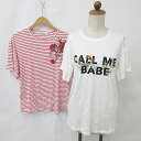 【中古】ストラディバリウス stradivarius Tシャツ カットソー 2枚セット 半袖 丸首 刺繍 文字 綿 ボーダー 白 赤 ホワイト レッド M レデ...