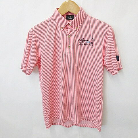 【中古】未使用品 パラディーゾ Paradiso ゴルフ ポロシャツ 半袖 ボタンダウン ストライプ 刺繍 速乾 UVカット 赤 白 レッド ホワイト M メンズ 【ベクトル 古着】 240923