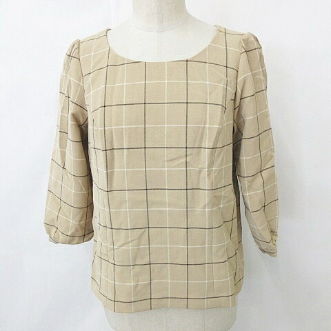 【中古】未使用品 フェルゥ Feroux ブラウス ボートネック パフスリーブ 五分袖 リボン チェック ベージュ ブラウン 2 レディース 【ベクトル 古着】 241030