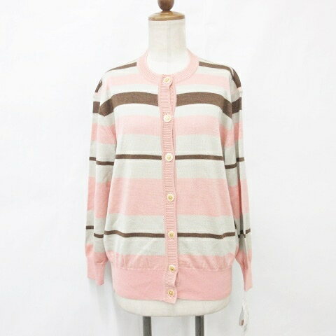【中古】ROMAN LIOLA ニット カーディガン 長袖 丸首 釦開き ボーダー ピンク ベージュ 茶 ブラウン M レディース 【ベクトル 古着】 250129