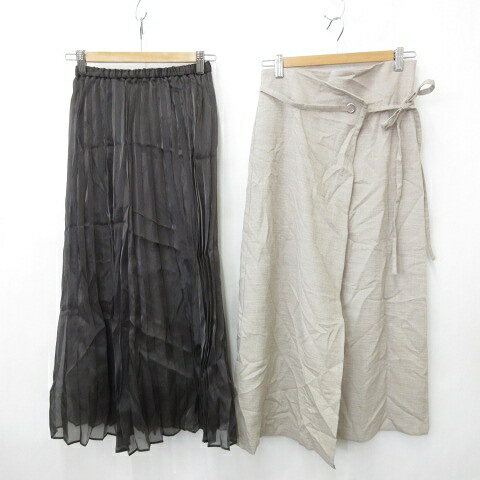 【中古】未使用品 ジーユー GU スカート 2枚セット ロング プリーツ シャイニー 総ゴム ラップ ナロー リボン 茶 ベージュ ブラウン S レディース 【...