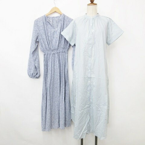 【中古】未使用品 ジーユー GU ワンピース 2枚セット ロング 半袖 バンドカラー 前開き 紐ベルト 長袖 プリーツ 総柄 花柄 シャーリング ペチコート 緑 青 グリーン ブルー S レディース 【ベクトル 古着】 250717