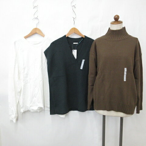 【中古】未使用品 ジーユー GU チルファー Chillfar セーター ニット ベスト カットソー 3枚セット 長袖 ハイネック Vネック 丸首 茶 緑 白 ブラウン グリーン ホワイト M F レディース 【ベクトル 古着】 250911