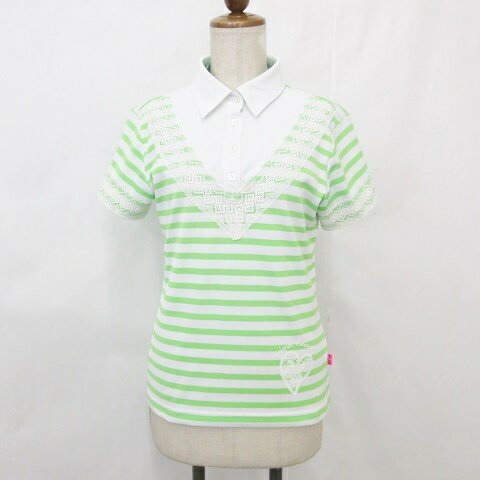 【中古】ビバハート VIVA HEART ポロシャツ ゴルフ スポーツウェア 半袖 レース ボーダー 白 緑 ホワイ..