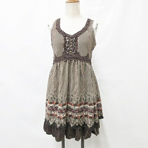 【中古】未使用品 アクシーズファム axes femme チュニック ノースリーブ ティペット付き ファー レース ストライプ ブラウン ベージュ..