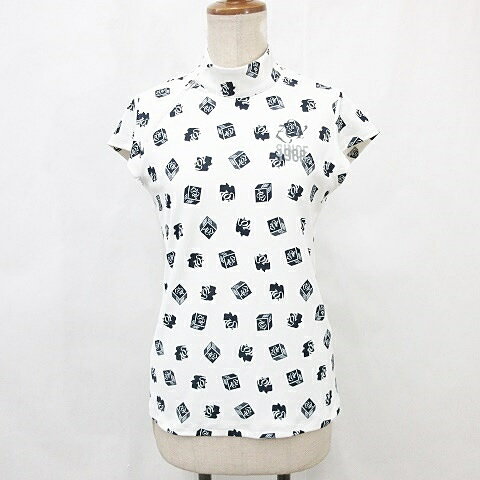 【中古】ゾーイ Zoy ゴルフ スポーツウエア シャツ ハイネック 総柄 半袖 白 ホワイト 紺 ネイビー 36 ..