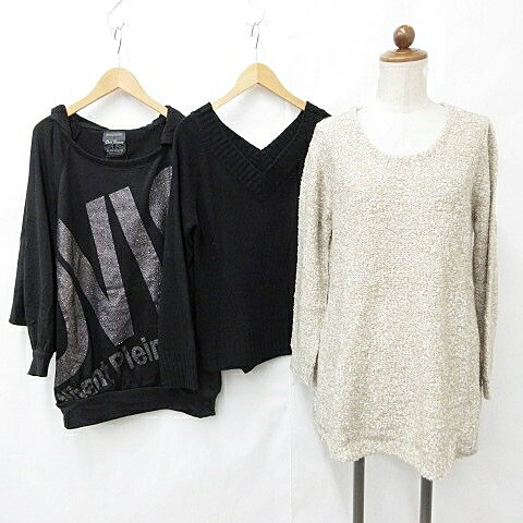 未使用品 アースミュージックアンドエコロジー EARTH MUSIC ECOLOGY OFF LESSON Plein Beaute ニット カットソー 3枚セット セーター 長袖 クルーネック ラメ Vネック ドルマン フード プリント ベージュ 黒 ブラック F M レディース  260218