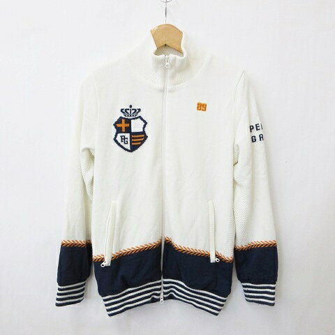 【中古】パーリーゲイツ PEARLY GATES ゴルフ スポーツウエア ニット ジャケット ブルゾン ジップアップ スタンドカラー 裏付き ウール混 白 紺 ホワイト ネイビー 5 メンズ 【ベクトル 古着】 260805
