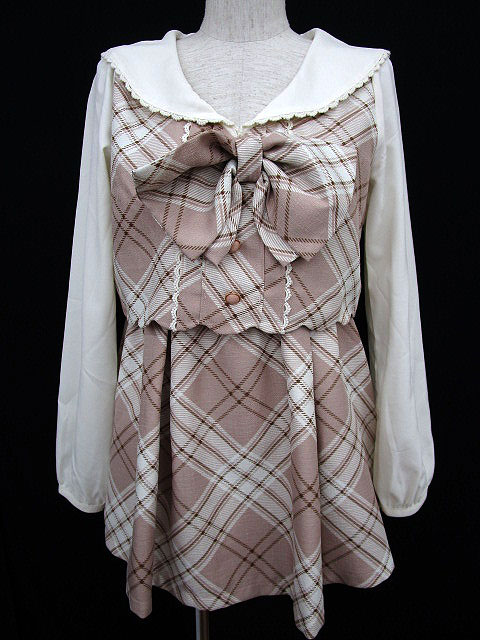 【中古】リズリサ LIZ LISA ワンピース ミニ フレア チェック ウエスト切替 シフォン 長袖 0 ベージュ 春秋 レディース 【ベクトル 古着】 160914のサムネイル