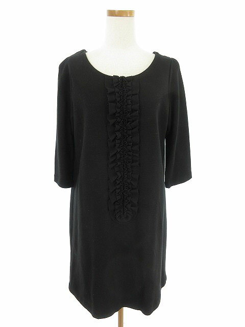 【中古】グリーンレーベルリラクシング ユナイテッドアローズ green label relaxing ワンピース ひざ丈 フリル 七分袖 ウール混 黒 ブ..