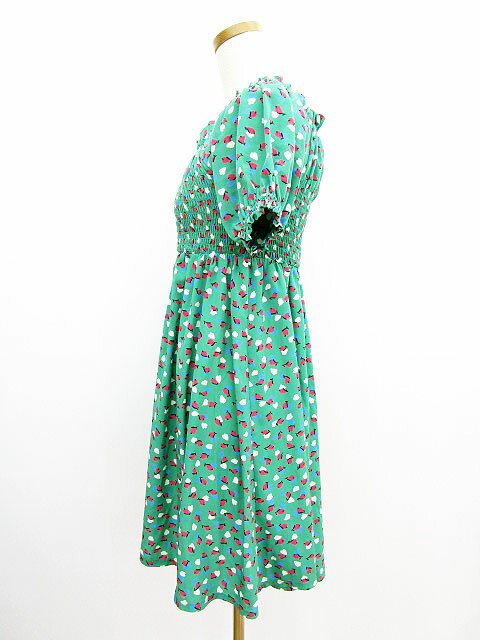 【中古】カスタネ Kastane ワンピース 半袖 総柄 ギャザー ひざ丈 M 緑 グリーン レディース 【ベクトル 古着】 170423 ブランド古着ベクトルプレミアム店