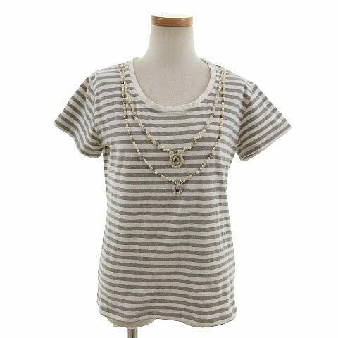 【中古】 アダムエロペ Adam et Rope' カットソー 半袖 ボーダー パール ビジュー グレー 白 38 【ベクトル 古着】 190427