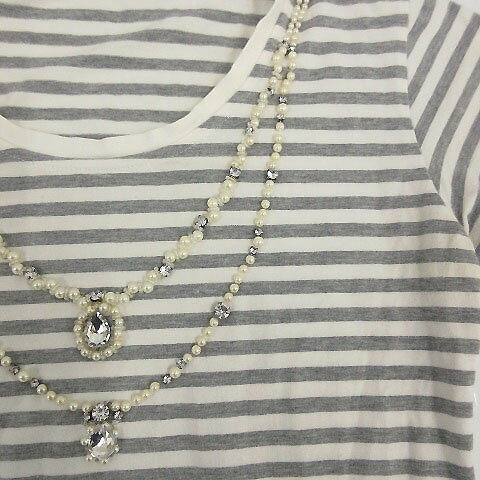 【中古】 アダムエロペ Adam et Rope' カットソー 半袖 ボーダー パール ビジュー グレー 白 38 【ベクトル 古着】 190427